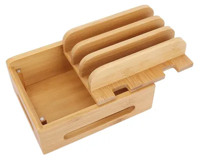 Obrázek produktu pro Bambusový držák pro více zařízení, nabíjecí stanice, organizér kabelů pro telefony a tablety