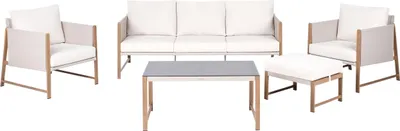 Zdjęcie produktu dla BELIANI Zestaw ogrodowy 5-osobowy jasnobeżowy metalowa rama 3-osobowa sofa fotele stolik otomana na taras nowoczesny styl