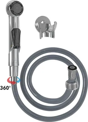 Produktbild von Chrom-Handbrause für Bidet, mit 120cm grauem Kunststoffschlauch, drehbarer Kopf, innerer Aktivierungsknopf | 4032-PLS