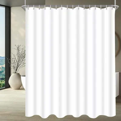 Image de Rideau de douche 300x200 cm, blanc pur, en tissu, résistant à l'eau, lavable, en polyester, avec ourlet lesté et 16 anneaux
