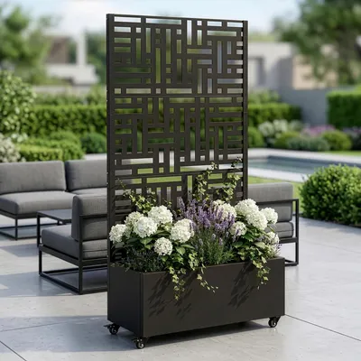 Image de Cloison « Bernalda » avec jardinière Roulettes Acier 186 x 120 x 40 cm Noir