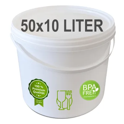 Produktbild von plasteo® 50x 10 Liter Eimer mit Deckel Lebensmittelecht Luftdicht Kunststoffeimer Plastikeimer Leereimer Transporteimer Putzeimer (50x 10 Liter)