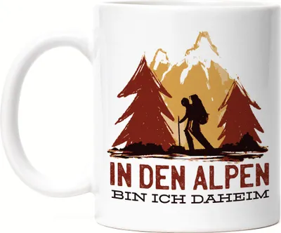 Produktbild von In Den Alpen Bin Ich Daheim Tasse Weiß Berge Hügel Bergsteigen Wandern Sport Sportler Gipfel Montain