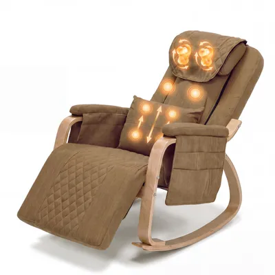 Produktbild von CRELIV - Schaukelsessel mit Massage & Heizfunktion, Relaxsessel mit verstellbarer Fußstütze, Kopfstütze, Lendenkissen, Buchenholzrahmen, Braun