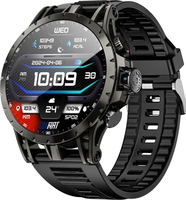 A close-up, studio shot of a black smartwatch with a detailed watch face displaying various metrics.