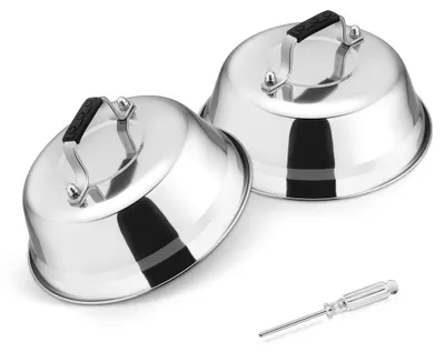 Produktbild von Burger Dome, 2-teiliges Burgerdome-Set aus Edelstahl, Burgerdeckel mit hitzebeständigen Silikongriffen, schmelzbare Deckel für Teppanyaki, Grillen und Kochen in der Küche, drinnen und draußen, 16,7 x 5,8 cm