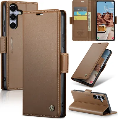 Image de Etui pour Samsung Galaxy S25 FE, Carte RFID Blocking, Etui en cuir avec fonction Stand Marron