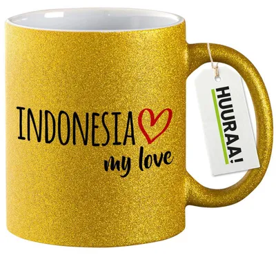 Produktbild von Huuraa Glitzertasse Indonesia my love 330ml Gold Keramik Kaffeebecher Geschenkidee