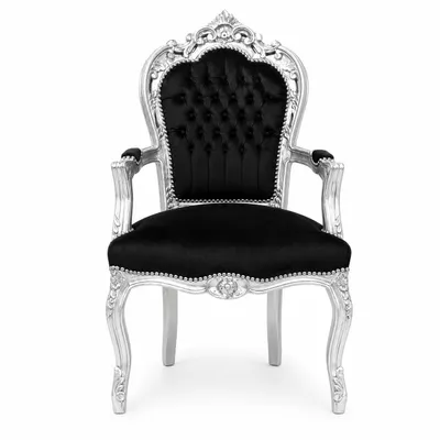 Produktbild von Barockstuhl Barock Stuhl Armlehne Schwarz Silber Stoff Esszimmer Wohnzimmer Büro Flur Schminkstuhl Klassisch Premium Luxus Modern Retro Royal Antik