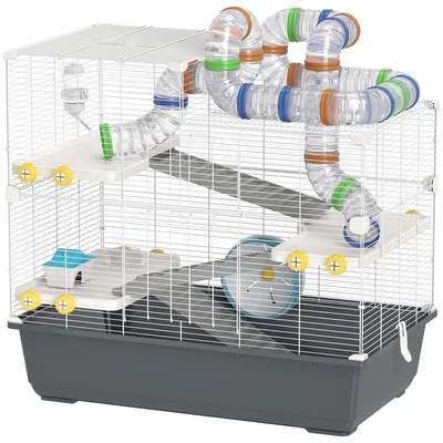 Image de Cage pour hamster nain avec 4 niveaux et système de tunnels | Couleur : Gris, Blanc | Dimensions : 78x45x73 cm