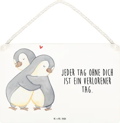 Produktbild von Mr. & Mrs. Panda Schild Pinguine Kuscheln DIN A4 - Weiß - Geschenk, Mitbringsel, Holzschild, hängeschild, Hochzeitstag, Freundin, für Frauen, Wandbild Holz, Partner