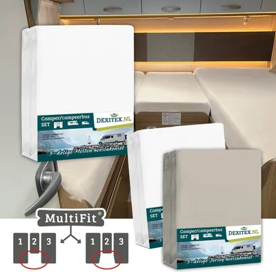 Image de Pack textile lit en longueur Camper avec matelas central - 2 jeux de draps-housses (3 pièces) et 1 jeu de draps-housses (3 pièces) - 1 Molton + 1 Blan - 1Molton+1Blanc/1Sable