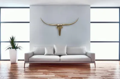 Zdjęcie produktu dla Dekoracja ścienna FineBuy, poroże byka, rozmiar L, 125 cm, aluminium, kolor złoty