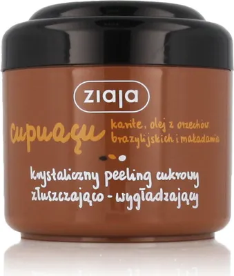 A brown jar of Ziaja Cupuacu Sugar Peeling with black lid.