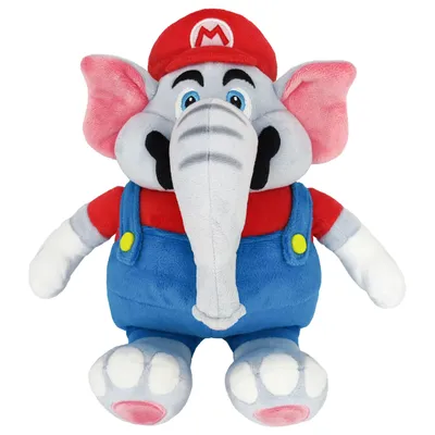 A plush toy of an elephant dressed as Mario from Super Mario.
