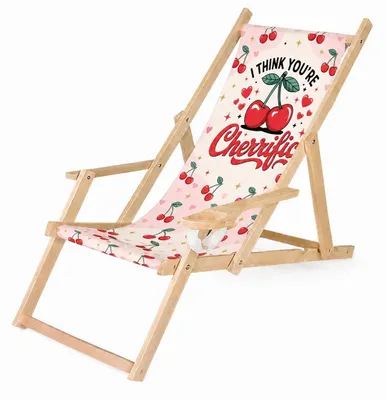 Produktbild von Holz Klappliegestuhl mit Armlehne und Getränkehalter, Kirschen Motiv, klappbar