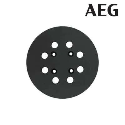 A black circular sanding pad with multiple holes, with the AEG logo in the top right corner.
