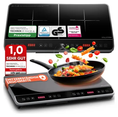 A double induction cooktop with a frying pan of pasta in the foreground, and promotional badges and text.