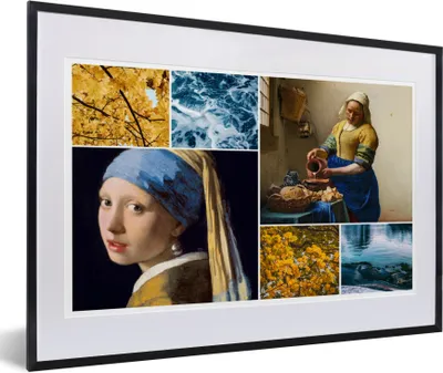 Produktbild von MuchoWow® Gerahmtes Poster Vermeer - Collage - Milchmädchen 60x40 cm - Poster mit Schwarzem Bilderrahmen Wandposter Rahmen Foto Bilder - Schlafzimmer - Plakat in Rahmen - Drucken