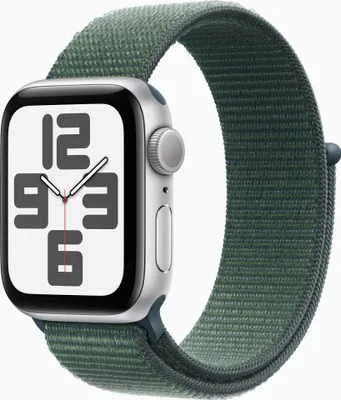 A close-up shot of an Apple Watch with a green sport loop band.