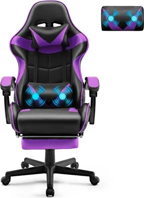 Productafbeelding van Gamingstoel met massagefunctie en voetsteun - Ergonomische fauteuil met hoofdkussen en lendensteun, geschikt voor gamers en livestreamers (paars)