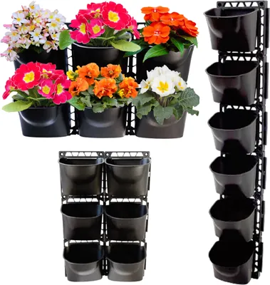 Produktbild von Pflanzwand: 6 Pflanztöpfe mit Rahmen zur Begrünung für Balkon/Terrasse/Garten, Kunststoff Blumentöpfe
