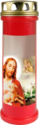 Image de Bougie funéraire rouge 100h ( couvercle or ) - Jésus avec agneau