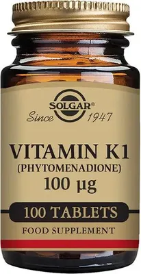 A product shot of a bottle of Solgar Vitamin K1 supplement.