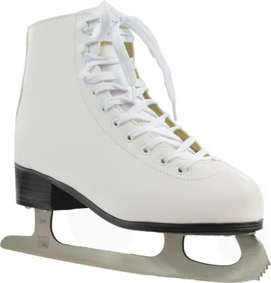 A single white figure skate is shown against a white background.