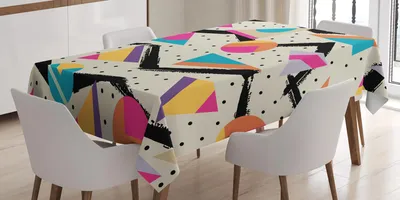 Obrázek produktu pro ABAKUHAUS Indie ubrus, 80. léta, styl Memphis, geometrický abstraktní vzor s tečkami, trojúhelníky a kruhy, 140 x 240 cm, vícebarevný