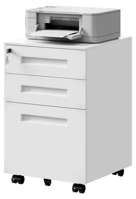 Produktbild von Rollcontainer aus Metall, mobiler Aktenschrank mit 3 Schubladen, abschließbar und verstellbar für Hängeregister, vormontiert, für Büro und Home Office, Weiß