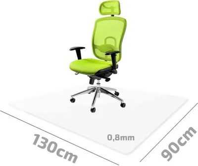 A green office chair is placed on a transparent floor mat with dimensions indicated.