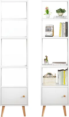 A white bookshelf with wooden legs and a wooden knob on the cabinet door.