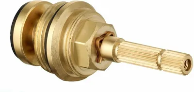 A close-up studio shot of a brass valve stem.