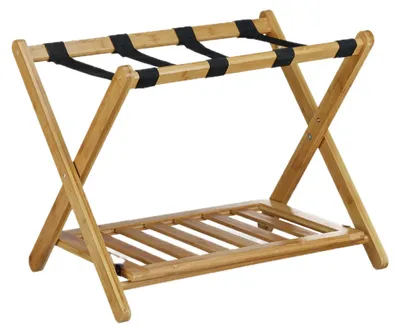 Productafbeelding van Relaxdays Bagagestandaard, bamboe, inklapbaar, voor koffers en reistassen, met 2 plateaus, bagageopslag, HBT 53 x 68 x 47 cm, naturel