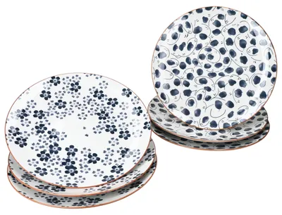 Produktbild von 6x Totto Speiseteller Ø27cm Blau Weiß Steingut Blüten Blatt Essteller
