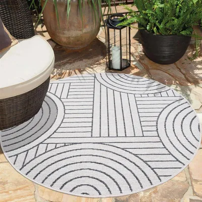 Produktbild von Teppich Outdoor Wetterfest - Grau, Creme - Wendeteppich - 160 cm Rund - Geometrisches Muster