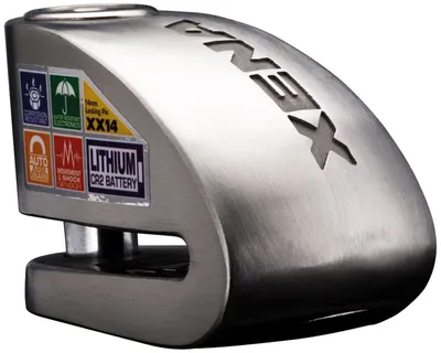 A silver disc lock alarm for a motorcycle or bicycle.