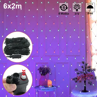 Produktbild von LZQ 6 x 2 m LED Lichternetz 280 LEDs Lichterkette Vorhang Lichter Netz Beleuchtung Deko Weihnachten für Innen und Außen, Halloween, Hochzeit, Party - Bunt, Dunkelgrün Kabel