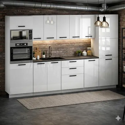 Produktbild von ULWEHOME | Küchenzeile 300 cm Weiß Hochglanz, Küchenmöbel-Set mit Arbeitsplatten 3 m, Gerätehochschrank, Vorratsschrank, Küchenblock