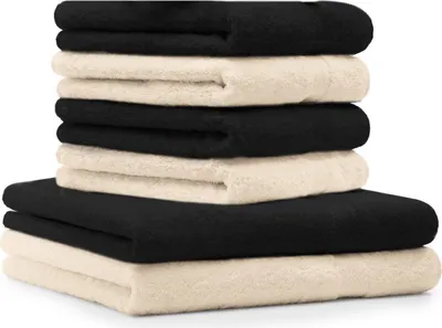 Image de Ensemble de 6 serviettes de bain PREMIUM Betz : 2 serviettes de bain, 4 serviettes de toilette, 100% coton. Couleur : noir et beige