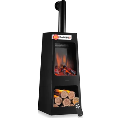 Imagen del producto de KAMINIO Chimenea eléctrica para jardín KAI L con conducto de escape – Chimenea eléctrica para terrazas con calefacción, efecto de llama 3D, compartimento para leña, iluminación ambiental LED y mando a distancia, Imagen generada por IA