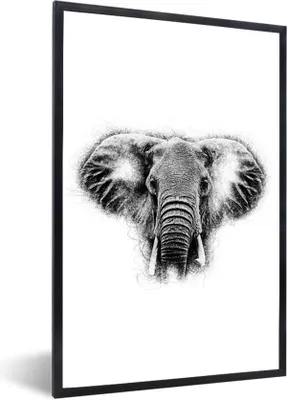 Produktbild von MuchoWow® MuchoWow® Gerahmtes Poster Elefant - Schwarz - Weiß - Tasse 40x60 cm - Poster mit zchwarzem Bilderrahmen - Papierdruck - Wandbilder