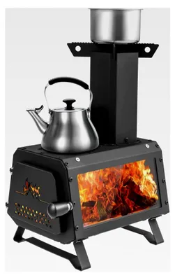 Produktbild von tragbarer Holzofen, Raketenofen für den Außenbereich mit 2 Kochflächen, Sichtscheibe und Aschepfanne, Zeltofen, Campingofen für Garten und Camping, Schwarz