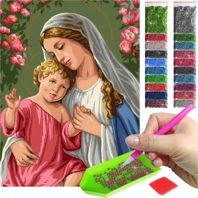 Produktbild von ARTULIO Diamond Painting Set - Madonna mit Jesuskind zwischen zarten Blütenmotiven - 30 x 40 cm - Diamant Painting, Home Wand Deko