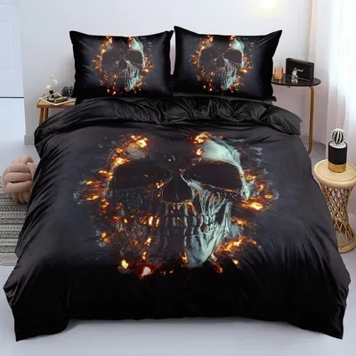 Produktbild von Bettwäsche-Set 135x200 cm Schwarz Totenkopf 3D Effekt Microfaser Wendebettwäsche mit Reißverschluss