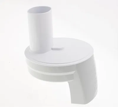 A white plastic food processor attachment is shown against a white background.