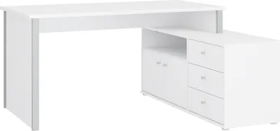 Produktbild von Forte TEMPRA 2 Schreibtisch 120, moderner Schreibtisch in L-Form mit Regal, 2 Türen, 3 Schubladen, Holzwerkstoff, Weiß/Grau, 120,6 cm breit x 74,9 cm hoch x 151,4 cm tief