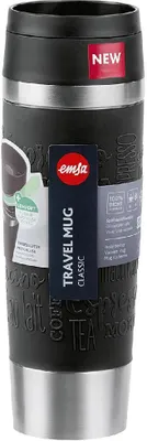 A black travel mug with silver accents and a label attached.