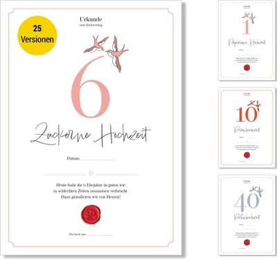 Produktbild von Frank Paperman® | Geschenke zum 6. Hochzeitstag | Ehejubiläum | Zuckerhochzeit | Urkunde Hochzeitstag | klassisch | Vordruck im DIN-A4-Format
